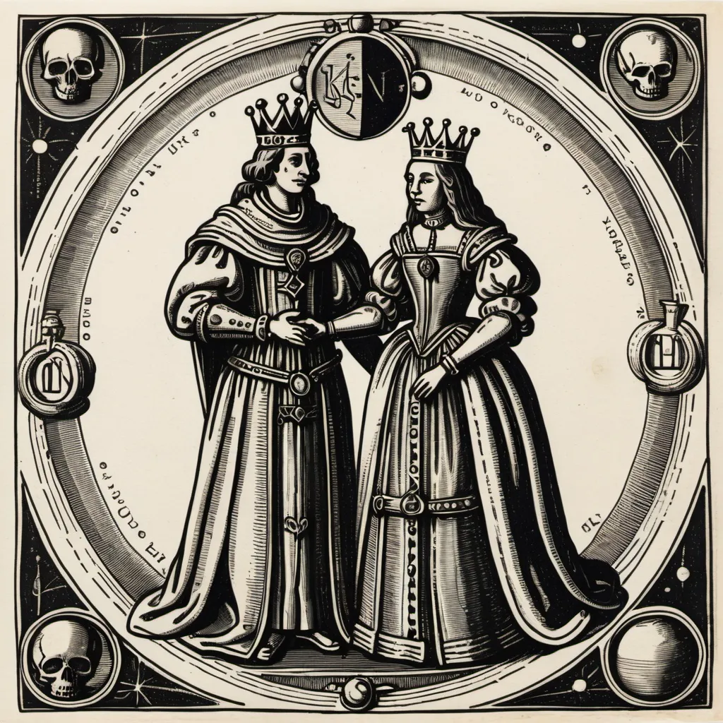 Prompt: Alchemical woodcut drawing of king and queen hugging.