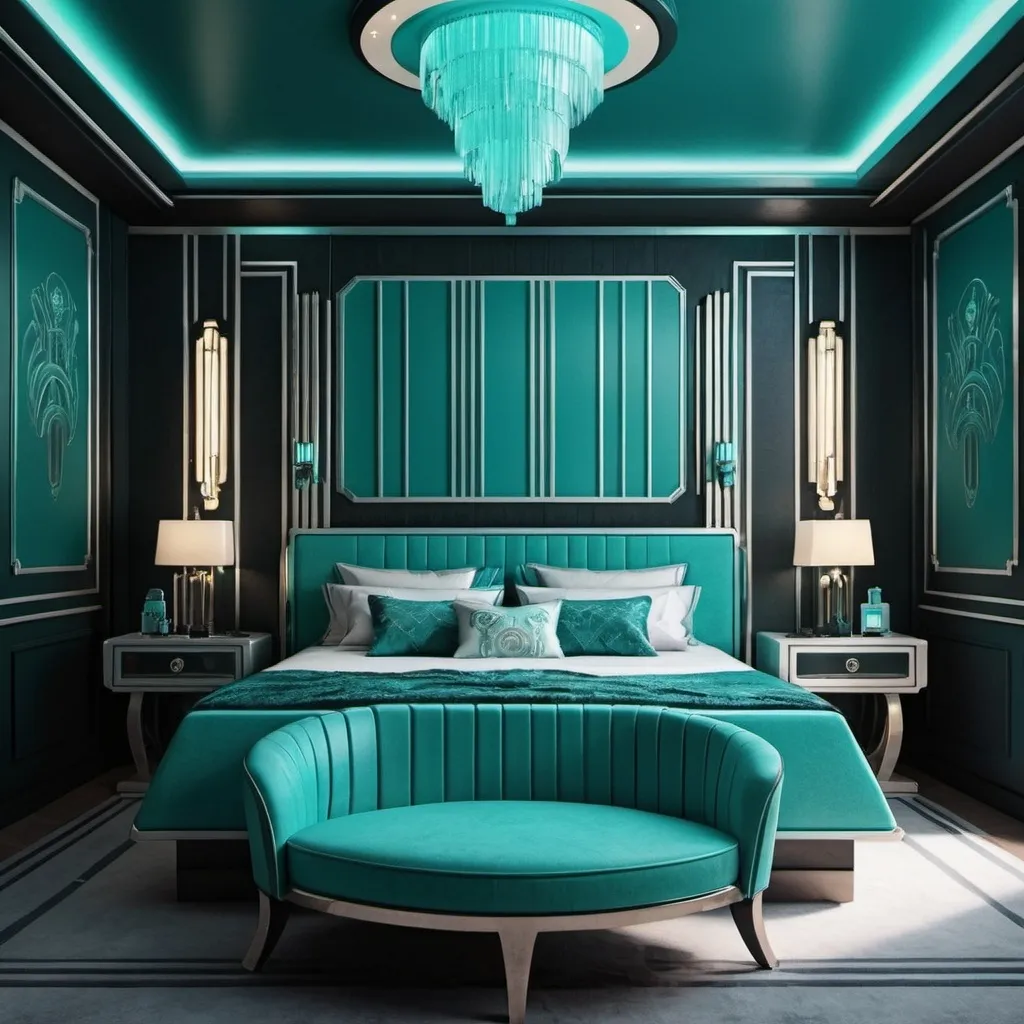 Prompt: Art deco cyberpunk luxury bedroom. Teal and aquamarine.