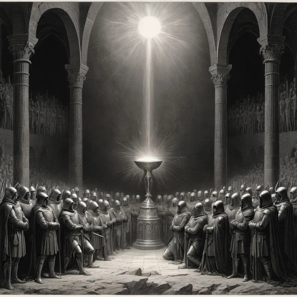 Prompt: Gustave Doré engraving of the Holy Grail in all its brilliance surrounded by kneeling knights.