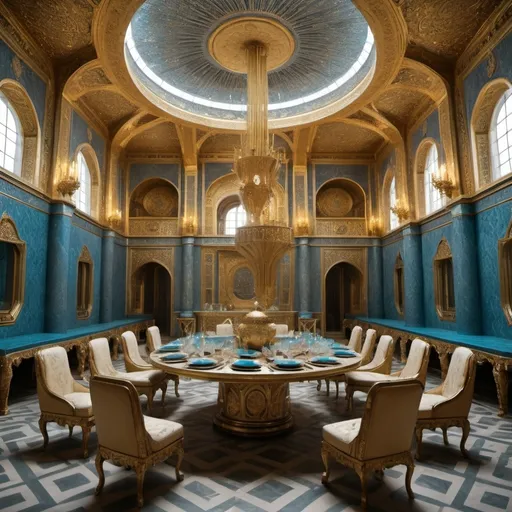 Prompt: Arthurian Uzbek Mongol futuristic mythic dining room. Versailles.