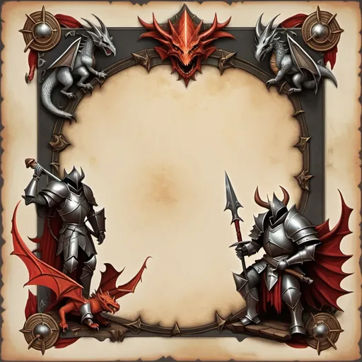 Prompt: Diablo style grimoire page border with knights and dragons.