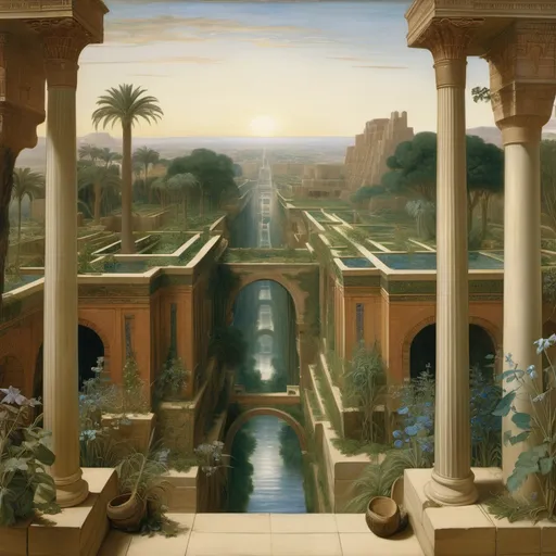 Prompt: Pre-Raphaelite painting of Hanging gardens of Babylon