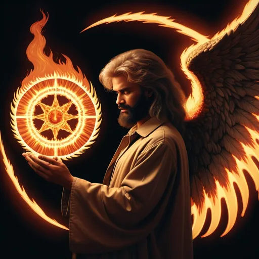 Prompt: 80s dark fantasy Ezekiel seeing a flaming Biblically accurate angel shaped like a wheel of fire.