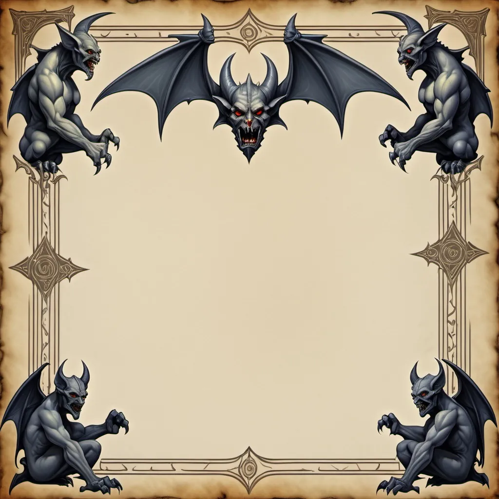 Prompt: Diablo style grimoire page border with gargoyles and demons