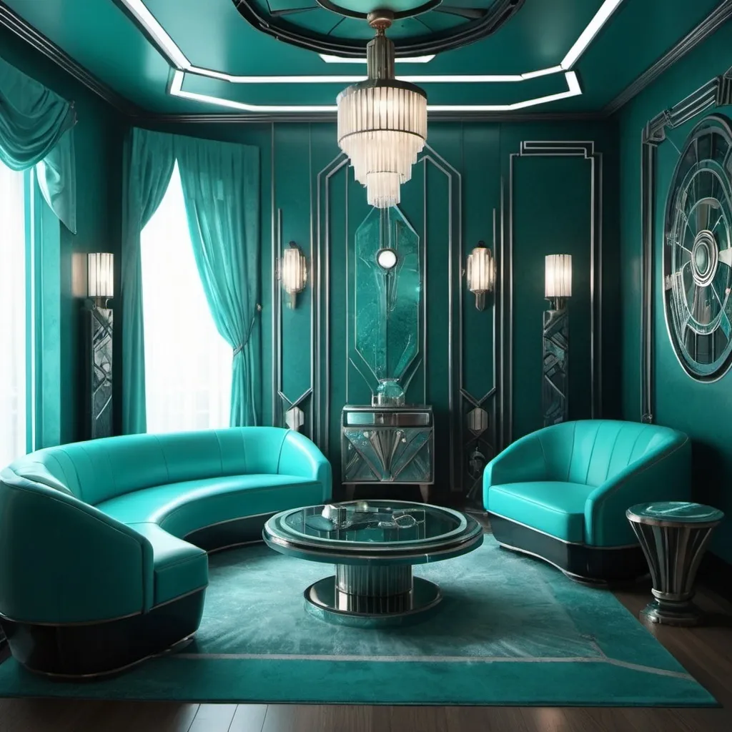 Prompt: Art deco cyberpunk luxury den. Teal and aquamarine.