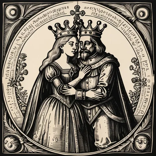 Prompt: Alchemical woodcut drawing of king and queen hugging.