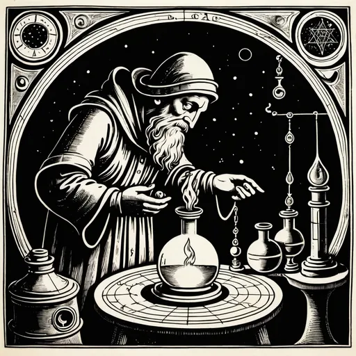 Prompt: Alchemical woodcut drawing of alchemist discovering the philosopher's stone.