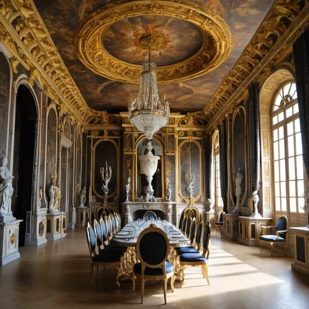 Prompt: Arthurian futuristic mythic dining room. Versailles.