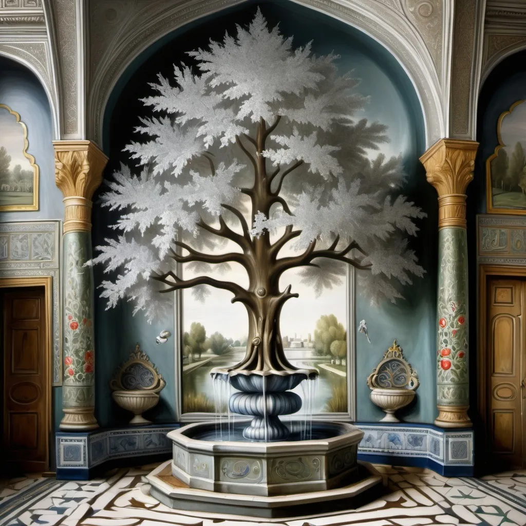 Prompt: Painting in style of Peter Brueghel of a Silver Tree fountain in an Uzbek palace.