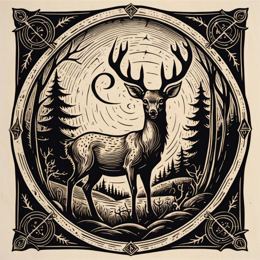 Prompt: woodcut grimoire of a deer