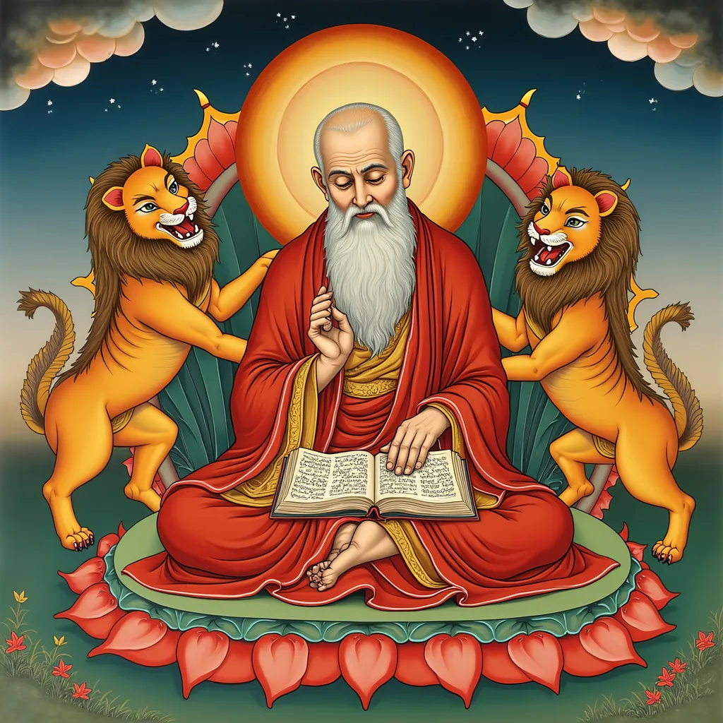 Prompt: Thangka of St. Jerome writing a book in the Buddhist style. Tibetan art with lions.