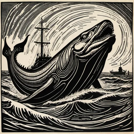 Prompt: woodcut drawing of leviathan