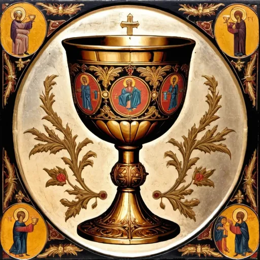 Prompt: Byzantine art of sacred chalice