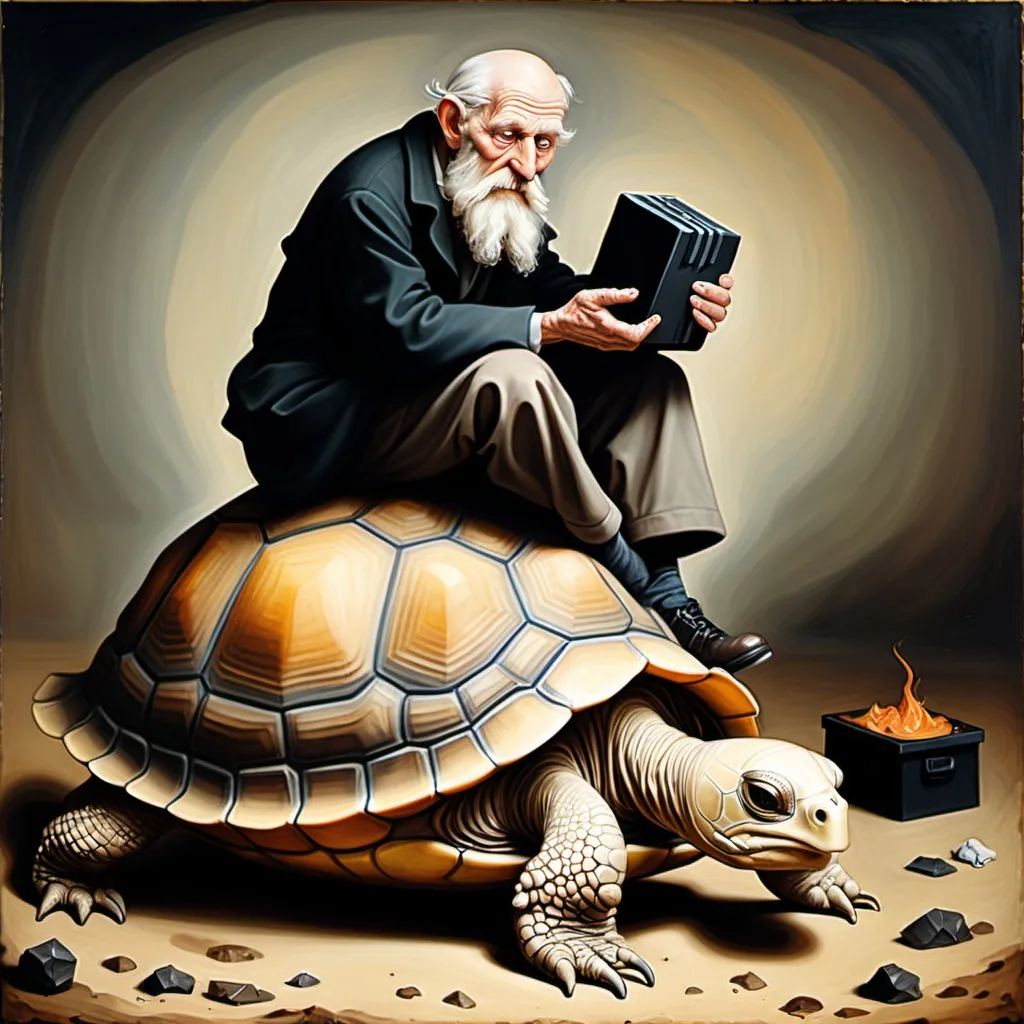 Prompt: Painting in the style of Pieter Brueghel : Haggard Old man sitting on a demonic beige turtle, holding a black cube.