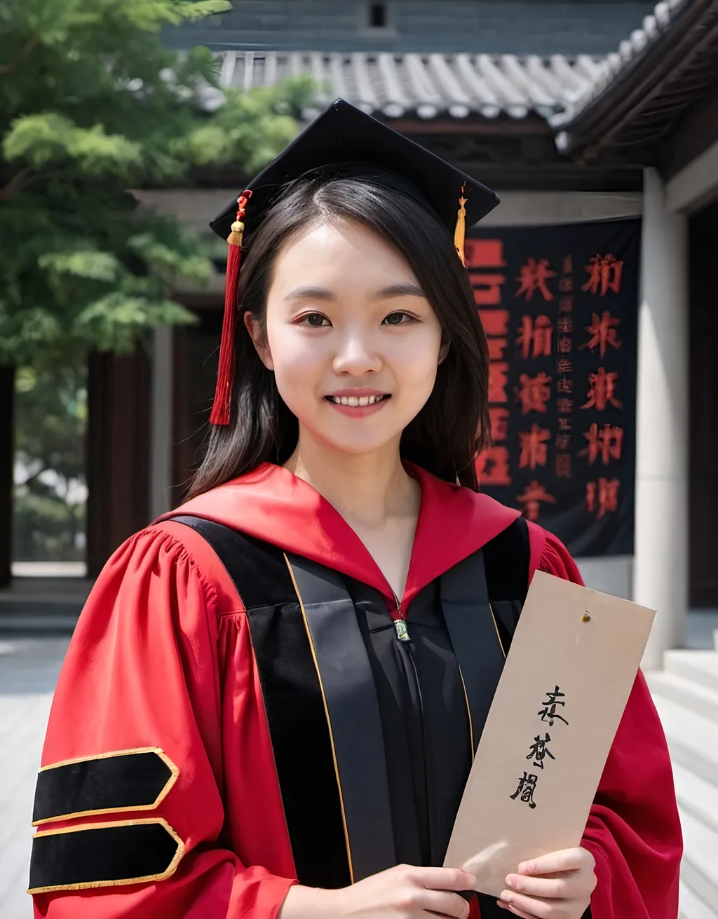 Prompt: a woman in a red and black graduation gown standing in front of a building with red and black banners, Fei Danxu, academic art, professional photo, a digital rendering