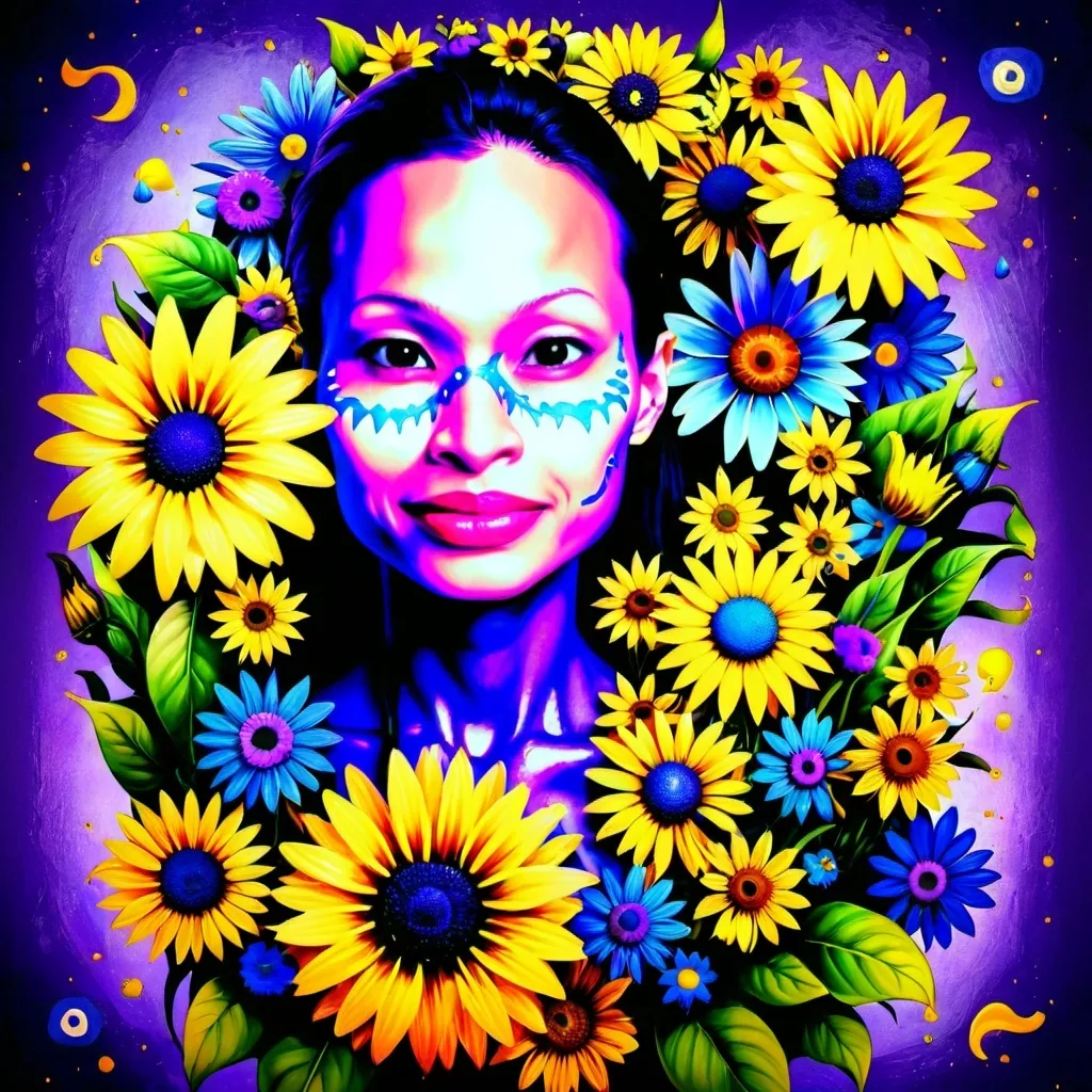 Prompt: a woman with flowers around her face and a yellow face with flowers around her face and a purple background, Android Jones, psychedelic art, highly detailed digital painting, an airbrush painting