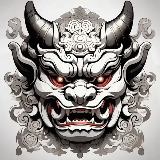 Prompt: beautiful oni mask design, mostly white, facing forward, resembles a fu dog