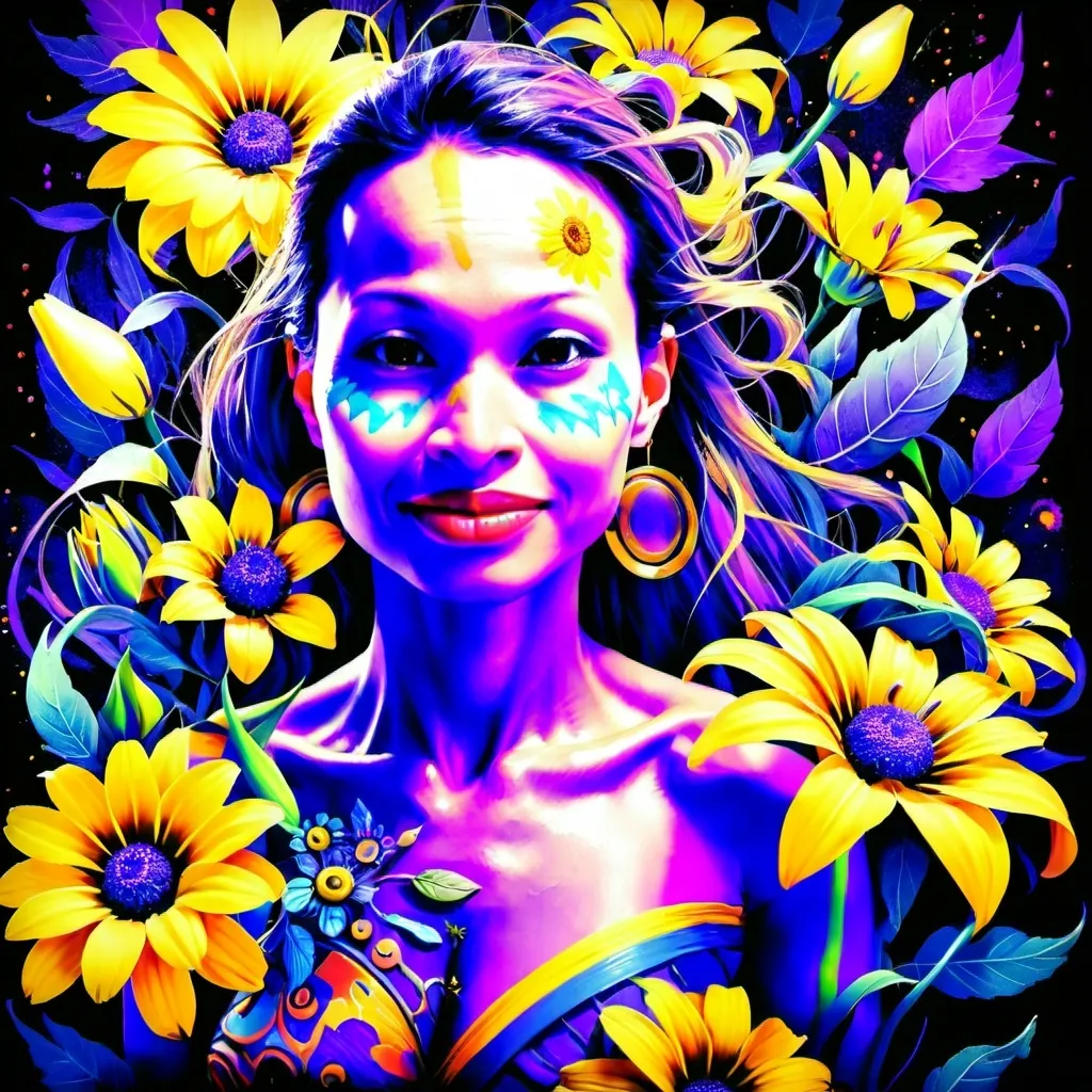 Prompt: a woman with flowers around her face and a yellow face with flowers around her face and a purple background, Android Jones, psychedelic art, highly detailed digital painting, an airbrush painting