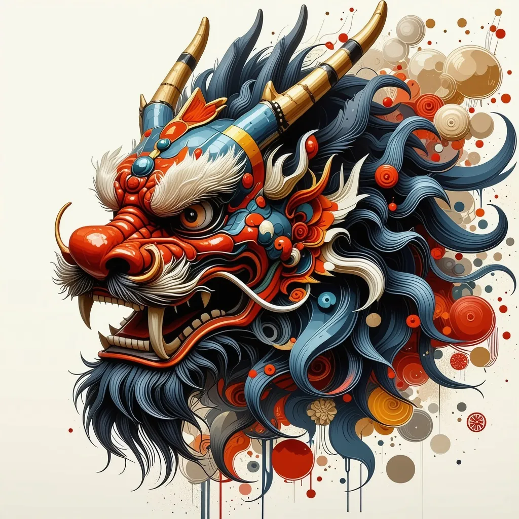 Prompt: beautiful ronin mask design, facing forward, lion, dragon like