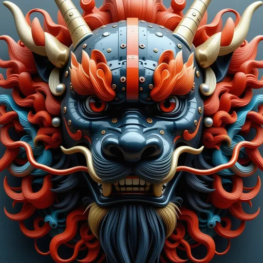 Prompt: beautiful ronin mask design, facing forward, lion, dragon like