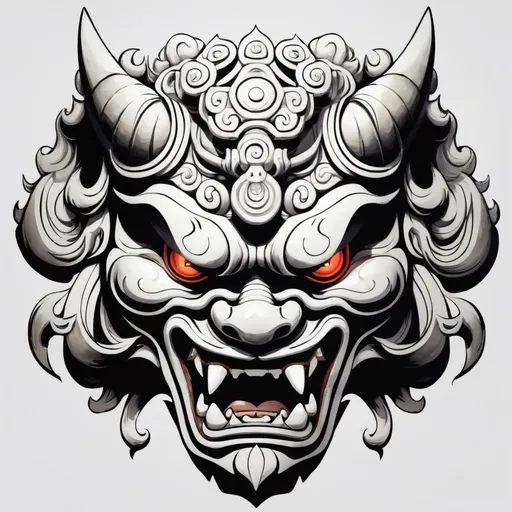 Prompt: beautiful oni mask design, mostly white, facing forward, resembles a fu dog