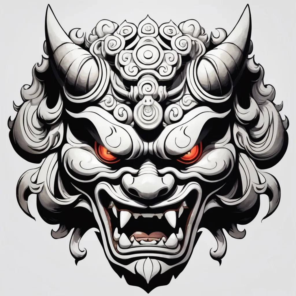 Prompt: beautiful oni mask design, mostly white, facing forward, resembles a fu dog