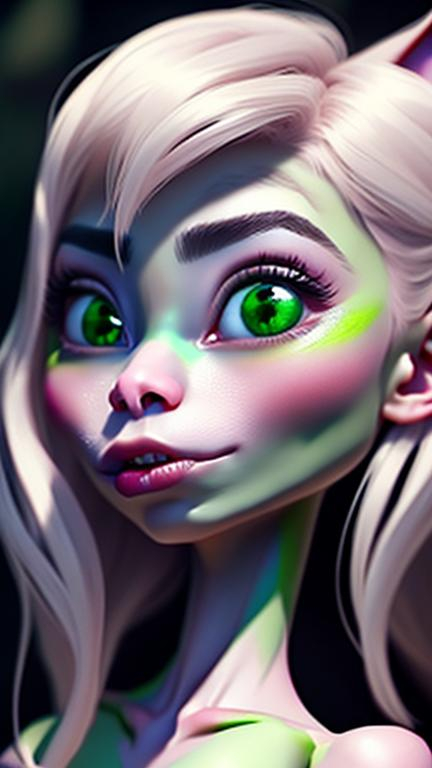 Prompt: beautiful goblin girl, showing clevage, pink Areolae, light pink nose, yellow eyes, green skin, smooth skin, supple lips, soft skin, very young