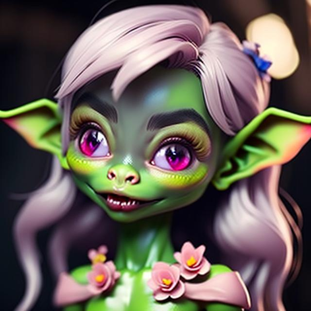 Prompt: beautiful goblin girl, showing clevage, pink Areolae, light pink nose, yellow eyes, green skin, smooth skin, supple lips, soft skin, very young