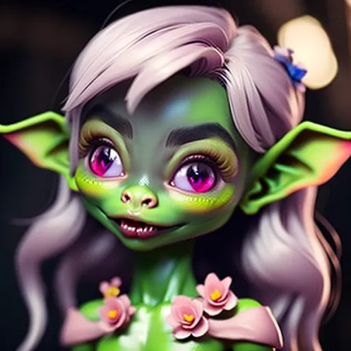 Prompt: beautiful goblin girl, showing clevage, pink Areolae, light pink nose, yellow eyes, green skin, smooth skin, supple lips, soft skin, very young