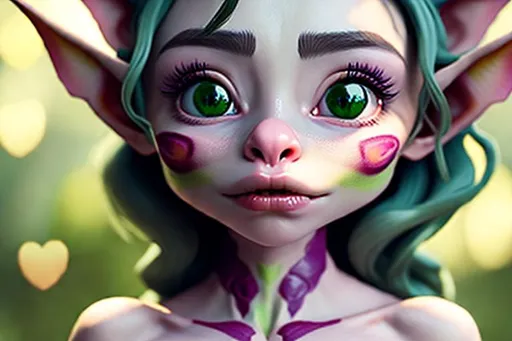 Prompt: beautiful goblin girl, showing clevage, pink Areolae, light pink nose, yellow eyes, green skin, smooth skin, love face, rosey cheeks, supple lips, soft skin, hands resting on chest