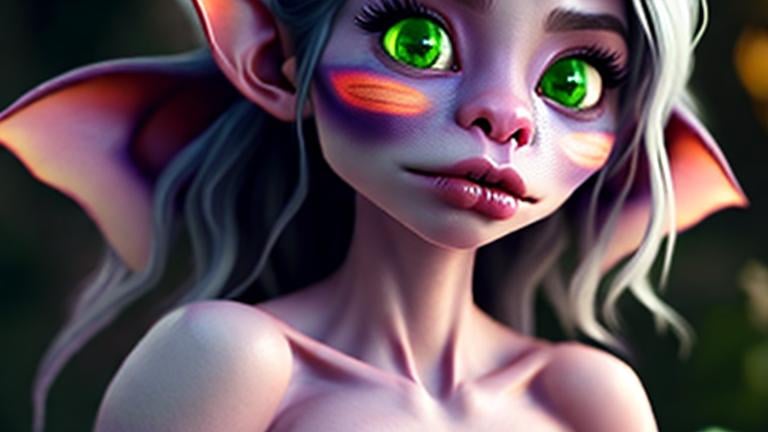 Prompt: beautiful goblin girl, showing clevage, pink Areolae, light pink nose, yellow eyes, green skin, smooth skin, love face, rosey cheeks, supple lips, soft skin, hands resting on chest