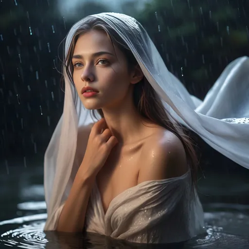 Prompt: epic masterpiece, close up at night with hyper detailed, petite, young, female supermodel, Insanely detailed, immersed in the water to her waist wearing, face turned upwards to the sky, blushing lightly with mouth open, she has a white diaphanous flowing transparent long shawl draped about her shoulders and upper arms, midnight, a calm lake in ((pouring rain:1.4)), surrounded by high cliffs covered in shadows, breathtaking starry night sky, galaxies, nebula, tiny fireflies floating in the air, 8k photo, HDR, masterpiece, fine details, natural beauty, breathtaking, captivating, fine details, sharp, very detailed, high resolution, close up, taken with a Hasselblad H6D-100c, Hasselblad Zeiss Sonnar F 150mm f/2.8 lens, Godox SK400II Professional Compact 400Ws Studio Flash, sharp focus, fine details, 5 flash set up, Ring light for catchlight eyes, Award winning photography, pro lighting, realistic, realism 