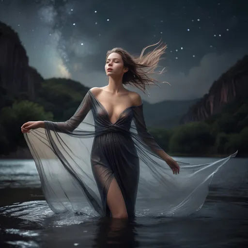 Prompt: epic masterpiece at night with hyper detailed, petite, young, flawless female supermodel, Insanely detailed, immersed in the water to her waist wearing, face turned upwards to the sky, blushing lightly with mouth open, she has a diaphanous flowing transparent long shawl draped about her shoulders and upper arms, midnight, a calm lake in pouring rain, surrounded by high cliffs covered in shadows, breathtaking starry night sky, galaxies, nebula, tiny fireflies floating in the air, 8k photo, HDR, masterpiece, fine details, natural beauty, breathtaking, captivating, fine details, sharp, very detailed, high resolution, close up, taken with a Hasselblad H6D-100c, Hasselblad Zeiss Sonnar F 150mm f/2.8 lens, Godox SK400II Professional Compact 400Ws Studio Flash, sharp focus, fine details, 5 flash set up, Ring light for catchlight eyes, Award winning photography, pro lighting, realistic, realism 