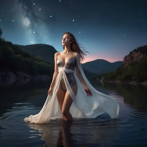 Prompt: epic masterpiece at night with hyper detailed, petite, young, flawless female supermodel, Insanely detailed, immersed in the water to her waist wearing, face turned upwards to the sky, blushing lightly with mouth open, she has a diaphanous flowing transparent long shawl draped about her shoulders and upper arms, midnight, a calm lake surrounded by high cliffs covered in shadows, breathtaking starry night sky, galaxies, nebula, tiny fireflies floating in the air, 8k photo, HDR, masterpiece, fine details, natural beauty, breathtaking, captivating, fine details, sharp, very detailed, high resolution, taken with a Hasselblad H6D-100c, Hasselblad Zeiss Sonnar F 150mm f/2.8 lens, Godox SK400II Professional Compact 400Ws Studio Flash, sharp focus, fine details, 5 flash set up, Ring light for catchlight eyes, Award winning photography, pro lighting, realistic, realism 