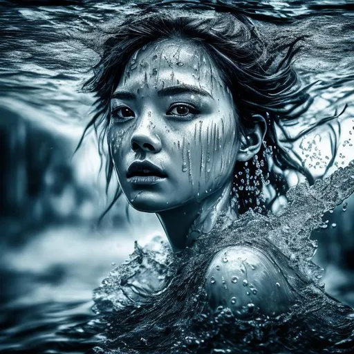 Prompt: photo realistic, woman, face under water, masterpiece, uhd,  apocalyptical theme, strikingly beautiful, Nikon Z9 FX, monochrome, color splash
