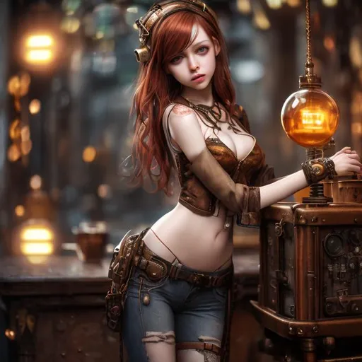 Prompt: photo realistic, masterpiece, uhd, Steampunk style, wet bar,  red headed girl , small chest, thin waist, Long legs, Nice navel,  diffused soft light, Bokeh