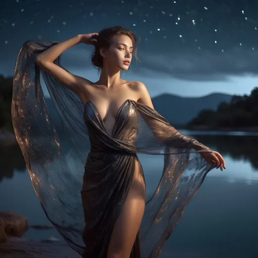 Prompt: epic masterpiece, close up at night with hyper detailed, petite, young, flawless female supermodel, Insanely detailed, immersed in the water to her waist wearing, face turned upwards to the sky, blushing lightly with mouth open, she has a diaphanous flowing transparent long shawl draped about her shoulders and upper arms, midnight, a calm lake in pouring rain, surrounded by high cliffs covered in shadows, breathtaking starry night sky, galaxies, nebula, tiny fireflies floating in the air, 8k photo, HDR, masterpiece, fine details, natural beauty, breathtaking, captivating, fine details, sharp, very detailed, high resolution, close up, taken with a Hasselblad H6D-100c, Hasselblad Zeiss Sonnar F 150mm f/2.8 lens, Godox SK400II Professional Compact 400Ws Studio Flash, sharp focus, fine details, 5 flash set up, Ring light for catchlight eyes, Award winning photography, pro lighting, realistic, realism 