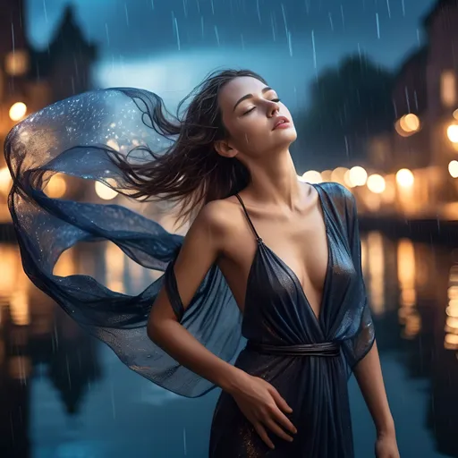 Prompt: epic masterpiece, close up at night with (hyper detailed:1.5), petite, young, female supermodel, Insanely detailed, bokeh, immersed in the water to her waist wearing, face turned upwards to the sky, blushing lightly with mouth open, she has a white diaphanous flowing transparent long shawl draped about her shoulders and upper arms, midnight, a calm lake in ((pouring rain:1.4)), surrounded by high cliffs covered in shadows, breathtaking starry night sky, galaxies, nebula, tiny fireflies floating in the air, 8k photo, HDR, masterpiece, fine details, natural beauty, breathtaking, captivating, fine details, sharp, very detailed, high resolution, close up, taken with a Hasselblad H6D-100c, Hasselblad Zeiss Sonnar F 150mm f/2.8 lens, Godox SK400II Professional Compact 400Ws Studio Flash, sharp focus, fine details, 5 flash set up, Ring light for catchlight eyes, Award winning photography, pro lighting, realistic, realism 