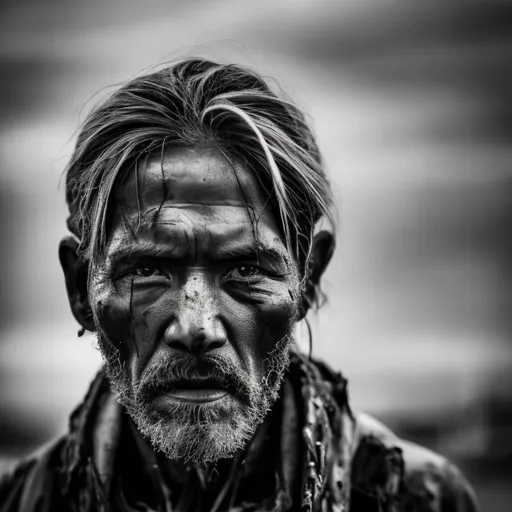 Prompt: photo realistic  runway model, close up, apocalyptical theme, war torn,  homeless, strikingly beautiful pain, monochrome, Nikon Z FX, 85mm F1.2