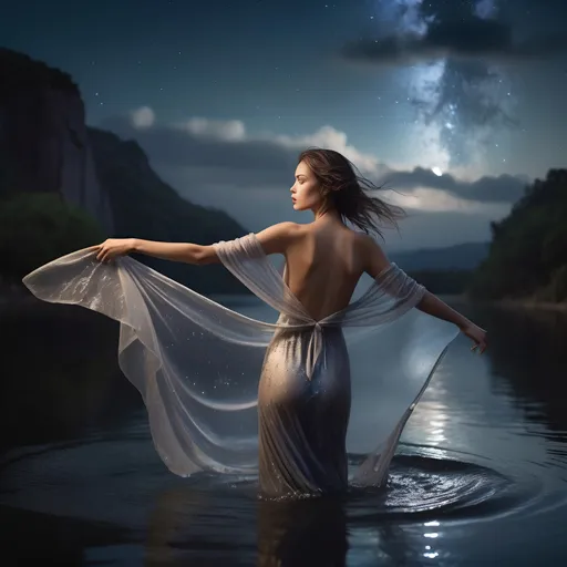 Prompt: epic masterpiece at night with hyper detailed, petite, young, flawless female supermodel, Insanely detailed, immersed in the water to her waist wearing, face turned upwards to the sky, blushing lightly with mouth open, she has a diaphanous flowing transparent long shawl draped about her shoulders and upper arms, midnight, a calm lake in pouring rain, surrounded by high cliffs covered in shadows, breathtaking starry night sky, galaxies, nebula, tiny fireflies floating in the air, 8k photo, HDR, masterpiece, fine details, natural beauty, breathtaking, captivating, fine details, sharp, very detailed, high resolution, close up, taken with a Hasselblad H6D-100c, Hasselblad Zeiss Sonnar F 150mm f/2.8 lens, Godox SK400II Professional Compact 400Ws Studio Flash, sharp focus, fine details, 5 flash set up, Ring light for catchlight eyes, Award winning photography, pro lighting, realistic, realism 