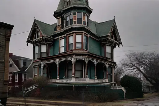 Prompt: Photograph of three-story Queen Anne Victorian home with a basement {next to an empty lot} Features double porches, turrets, and towers Peeling paint, boarded windows, overgrown lot. Eerie ambiance on an overcast day in a neighborhood with distant skyscrapers. 35mm lens, f/8, ISO 100.  
