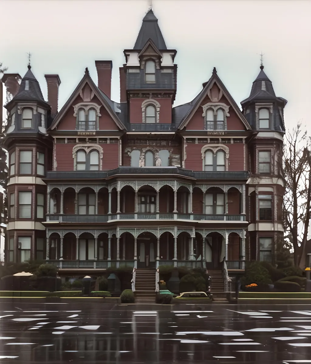 Prompt: A RAW photograph recently renovated Victorian mansion, bold modern color palette, black roof shingles, commercial parking lot in front, natural light, DSLR, 35mm, Kodak ektar 100, full shot, professional 