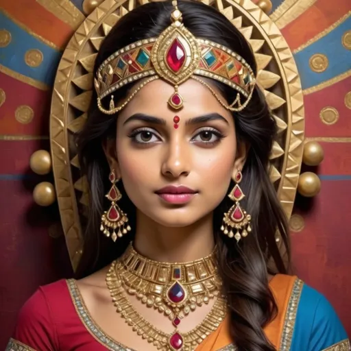 Prompt: Young Indian Queen in geometric abstract style, (dignified), (elegant posture), striking attire with intricate patterns, rich colors, (gold-encrusted crown), adorned with vivid gems, expressive eyes that reflect wisdom and grace, detailed geometric backgrounds emphasizing royal heritage, harmonious balance of bold angles and soft curves, vibrant and rich colors creating a regal mood, high-quality, ultra-detailed.