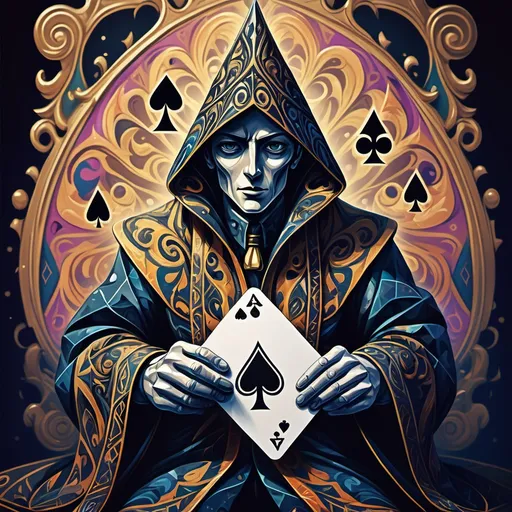 Prompt: anime illustration of the Jack of Spades playing card, (detailed ornate cloth robe), (dramatic lighting), (vibrant colors), (abstract like Picasso), intricate backgrounds, whimsical elements, high detail, 4K resolution, captivating composition, dreamlike atmosphere, surreal artistic style, expressive forms, deep shadows, engaging design.