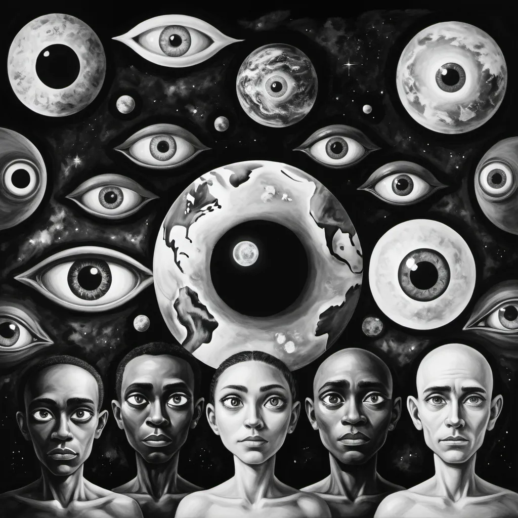 Prompt: Special art painting of seven different eyes of humans and skeptics with different races above the earth watching the earth from another planet in black and white