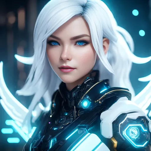 Prompt: unreal engine fantasy art of An attractive cyborg girl [angelic face white as snow],[blue eyes with some feelings], [short yellow hair], [female angel characters], 4k.