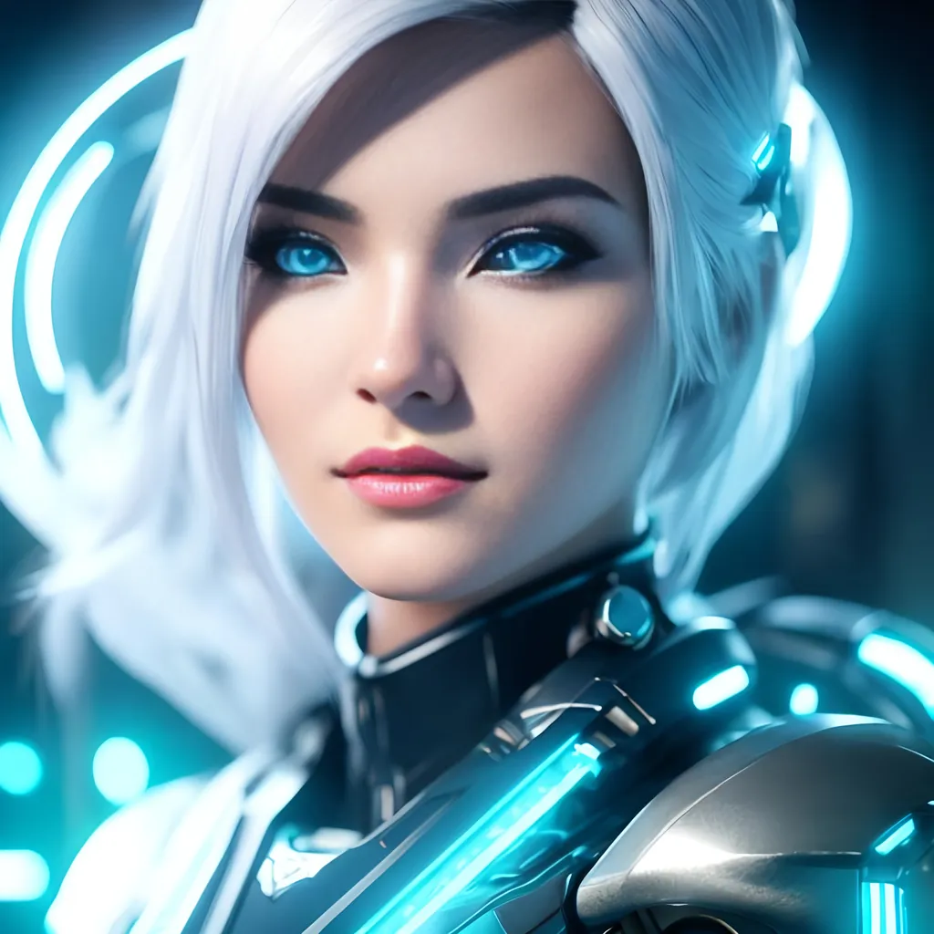 Prompt: unreal engine fantasy art of An attractive cyborg girl [angelic face white as snow],[blue eyes with some feelings], [short yellow hair], [female angel characters], 4k.