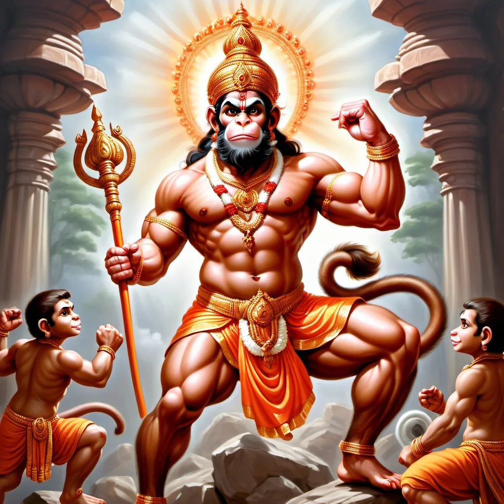 Prompt: "Create a majestic portrait of Lord Hanuman, depicting his:

- Muscular physique
- Monkey-like features (face, ears, tail)
- Divine aura (halo, glow)
- Traditional attire (dhoti, janeu)
- Gada (mace) in hand
- Calm yet powerful expression
create a iamge of hindu lord hanuman fighting with enemies and saving a young kid in battle field