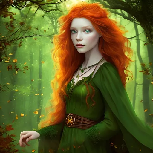 Prompt: a beautiful red haired witch, she wears a green dress, she has a crown of leaves, she has green eyes, she wears an amber locket around her neck, enchanted forest background,  digital art, 