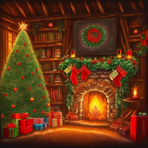 Prompt: Christmas tree with bright lights, in a wood cottage, warm fire in fireplace, digital art, bright colors